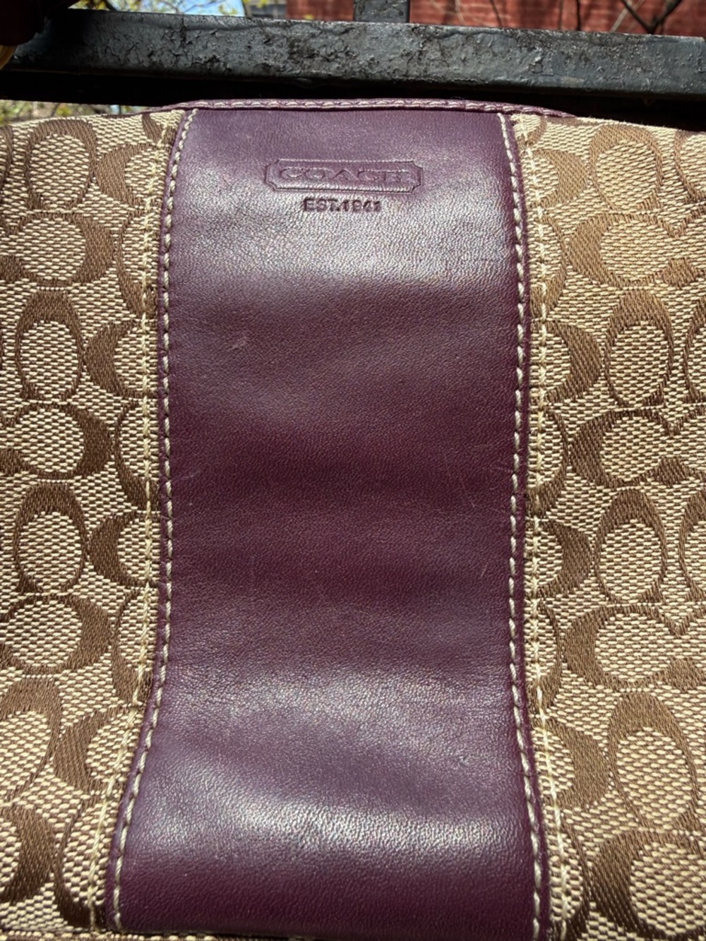 Coach Beige Signature Canvas Shoulder Bag with Plum/Burgundy Leather Panel - Picture 4 of 12